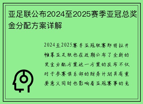 亚足联公布2024至2025赛季亚冠总奖金分配方案详解